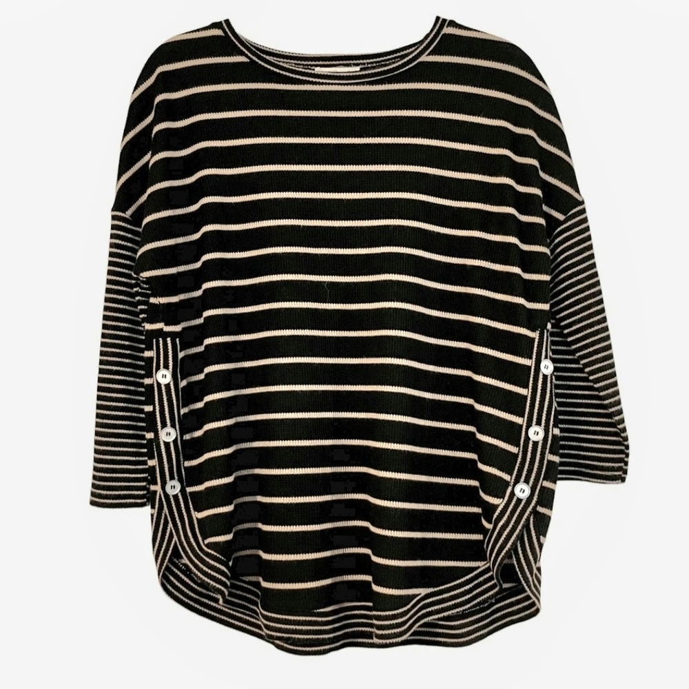Westbound Waffle Knit Black & White Striped ¾ Sleeve Top Womens XL